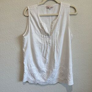 Rose & Thyme Boho Top Size L White Embroidered Semi Sheer Linen Tank Top Coastal